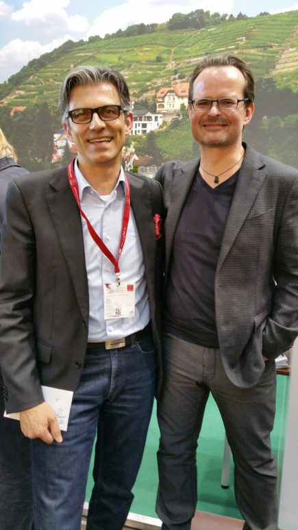 Freudiges Wiedersehen auf der ProWein 2016. Michael Kugel (l.) und Janek Schumann (r.)