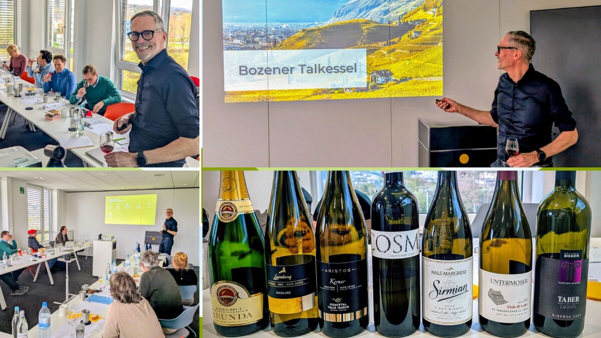 Collage der Südtirol Masterclass mit Referent Andreas Bochem, Verkostung und Weinflaschen