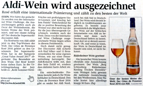 Artikel in der HNA: Aldi-Wein wird ausgezeichnet